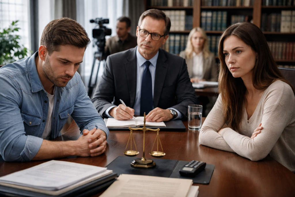 Pareja durante una deposición en divorcio en Texas